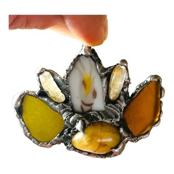 Citrine and Sea Glass Artisan Pendant, Soldered & Vintage Citrine Chip Necklace - Picture 3 of 11